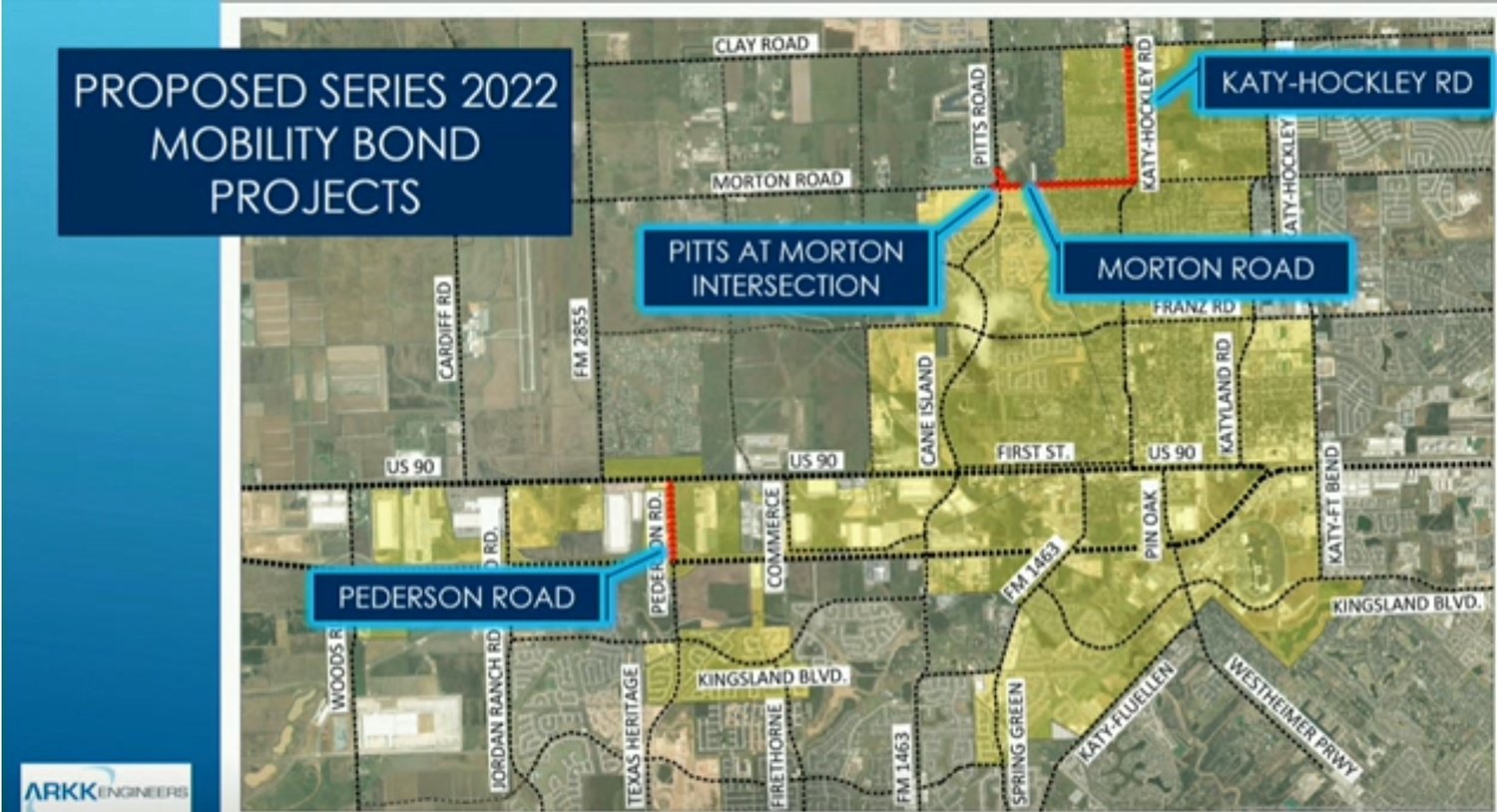 A map of the road bond projects to be covered by bonds approved for issuance by the Katy City Council Jan. 10.